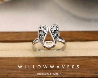 Vintage sterlingzilveren ring met engelenvleugel, verstelbare band beschermend symbool, antiek geïnspireerde S925-sieraden