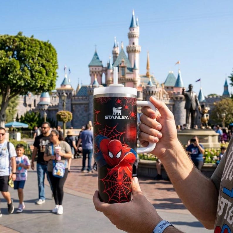 May include: A black and red Stanley tumbler featuring Spider-Man graphics. The tumbler has a white handle and lid with a straw. The background shows a castle and people.