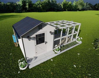 May include: A white and gray chicken coop with a dark blue roof, a door, and a screened-in run. The coop has a small window and is surrounded by green grass and white flower pots.