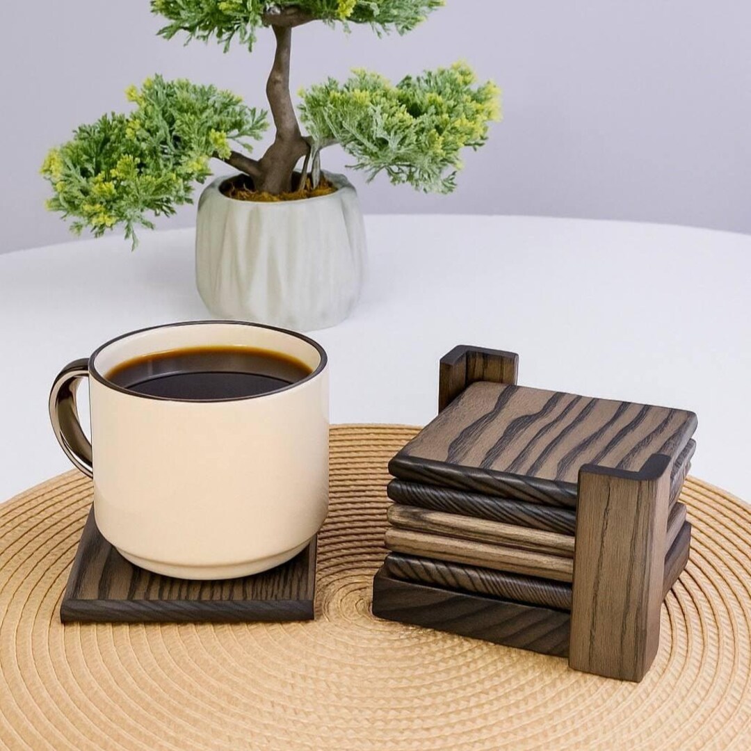Wooden Coasters Set With a Holder, Table and Bar Decor, Rustic Wedding ...