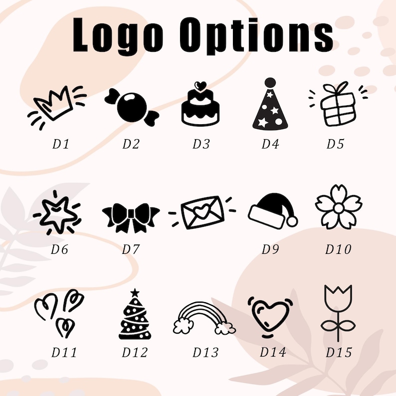 May include: A selection of black and white logo designs, featuring a crown, sweet, cake, party hat, gift, star, bow, envelope, Santa hat, flower, hearts, Christmas tree, rainbow, heart, and tulip. The text "Logo Options" is at the top.