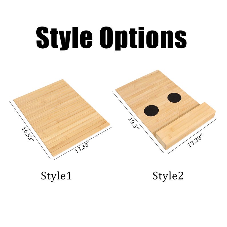 May include: Two bamboo laptop stands are displayed. Style 1 is a flat rectangular board, 16.53 inches by 13.38 inches. Style 2 has a raised edge and two black circular cutouts, measuring 19.5 inches by 13.38 inches.