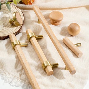 May include: A collection of wooden cabinet hardware, including knobs and pulls. The hardware features natural wood tones with brass accents. The knobs are round and cylindrical, while the pulls are bar-shaped. The hardware is arranged on a neutral-colored surface.