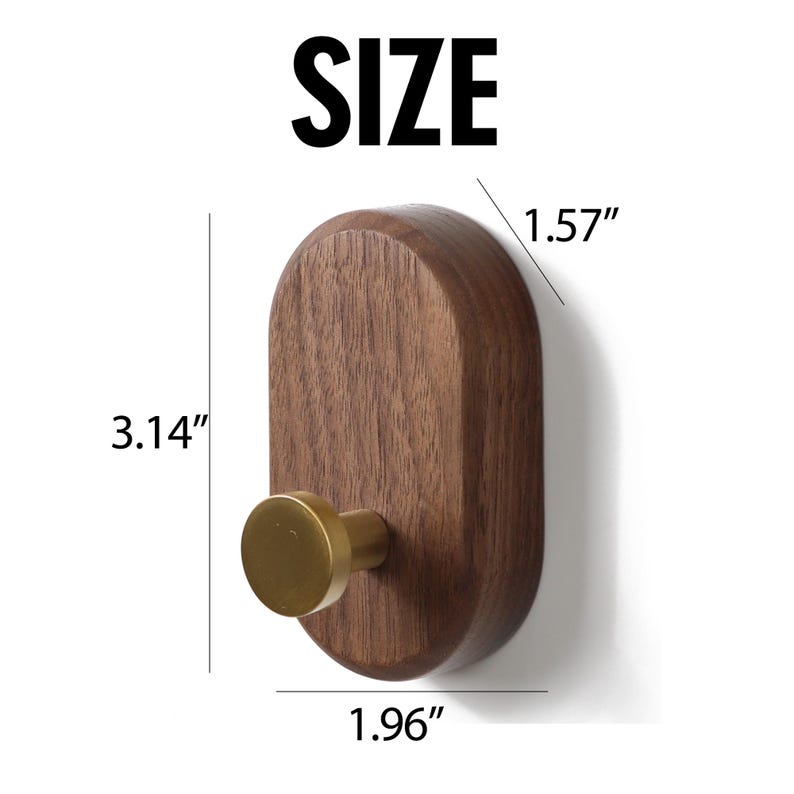 May include: A wooden wall hook with a brass knob. The hook is 8 cm tall, 5 cm wide, and the knob extends 4 cm. The word "SIZE" is printed in large, bold, black letters above the hook.