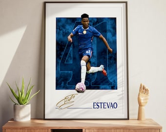 Poster di calcio di Estevao: stampa artistica del calcio del Chelsea per i tifosi