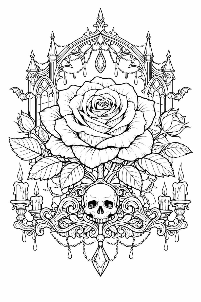 Gothic Coloring Book Printable | Dark Rose & Skull Art | Victorian ...