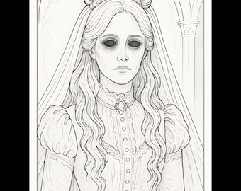 Gothic Woman Coloring Pages Printable | Dark Victorian Portrait Coloring Book | Witchcore Gothic Line Art