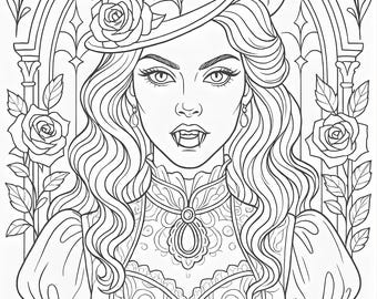 Gothic Vampire Coloring Pages Printable | Dark Fantasy Adult Coloring | Vampire Line Art | Instant Download
