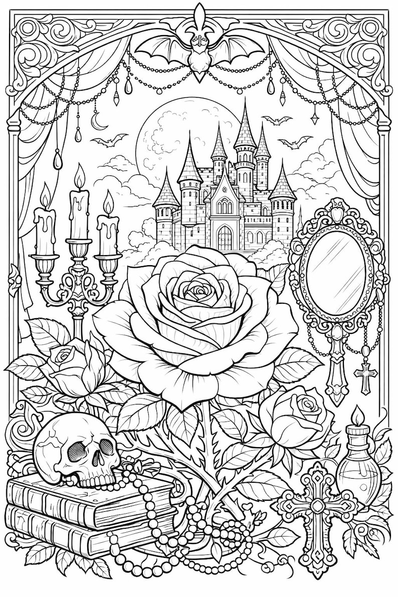 Gothic Coloring Book Printable | Dark Rose & Skull Art | Victorian ...