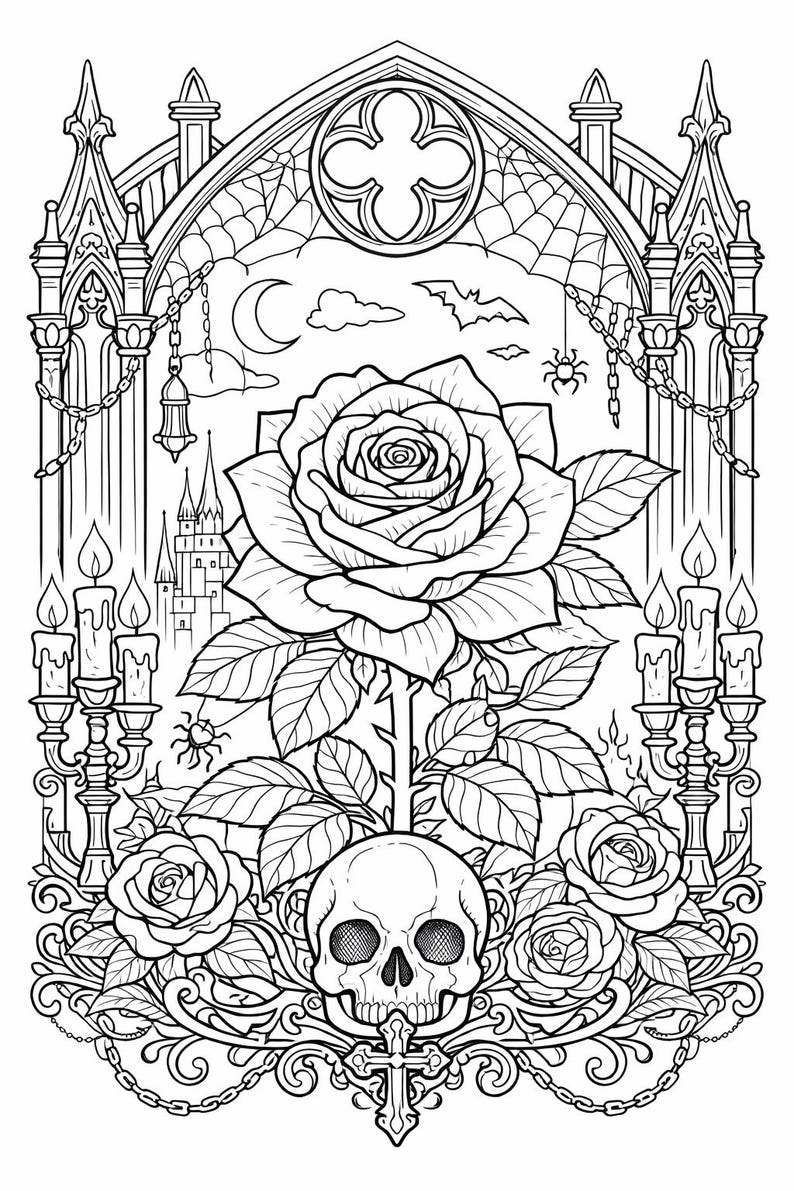 Gothic Coloring Book Printable | Dark Rose & Skull Art | Victorian ...
