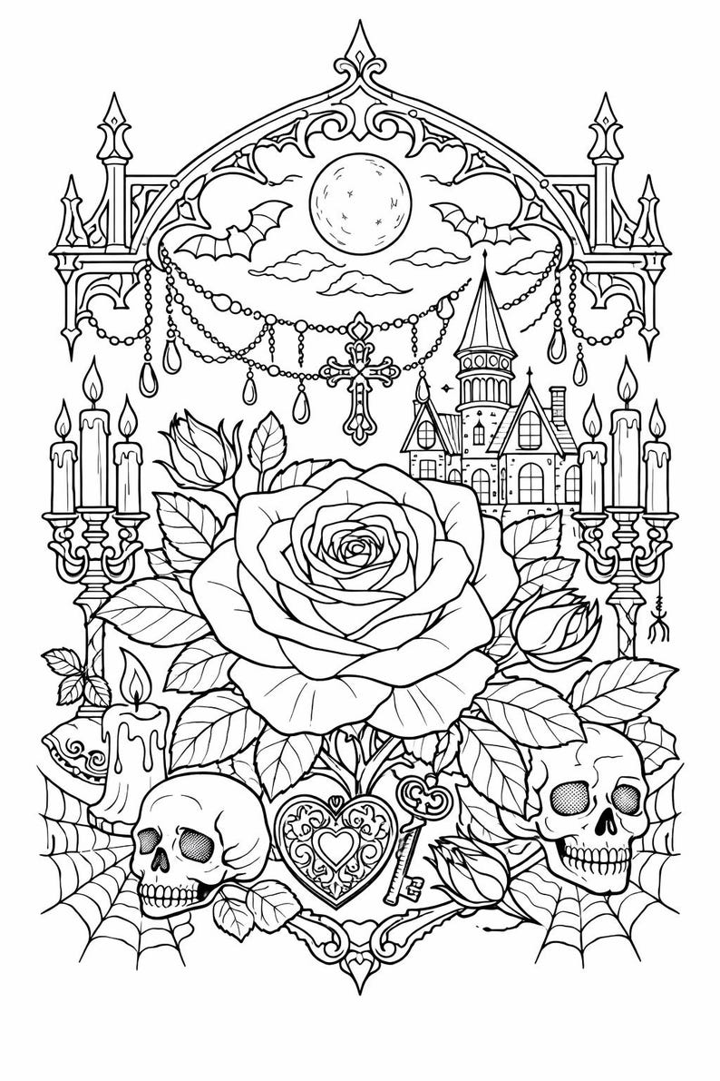 Gothic Coloring Book Printable | Dark Rose & Skull Art | Victorian ...