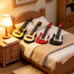 May include: Miniature guitars in yellow, natural, red, and black rest on a bed with a beige blanket. A small wooden nightstand with a lamp and sheet music sits beside the bed. The scene is a miniature bedroom setting.
