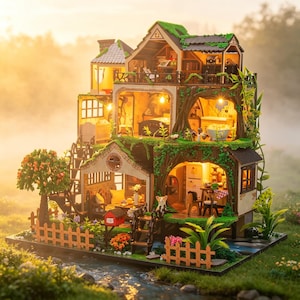 Puede incluir: Una detallada casa de muñecas en miniatura con múltiples pisos, con un diseño de casa en el árbol. La casa de muñecas tiene una valla de madera, un pequeño arroyo y está rodeada de vegetación. El interior está iluminado con luces cálidas, creando un ambiente acogedor.