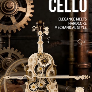 Może przedstawiać: Drewniana układanka 3D przedstawiająca wiolonczelę w stylu steampunk. Projekt zawiera koła zębate, elementy morskie i tekst "WHALE PUNK CELLO". Układanka zawiera figurkę sowy i smyczek.