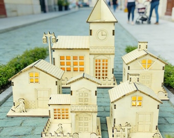 Kit de casa de madera en miniatura para armar / Rompecabezas 3D con luz LED
