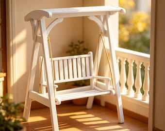 Altalena da giardino in miniatura in legno – Mobili da veranda in scala 1:12, sedia sospesa in legno bianco