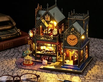 Gothic Clock Tower Miniature Kit – 3D Wooden Puzzle Bookstore Decor (LED Lights)