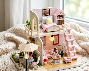 DIY Dollhouse Kit with Furniture, LED Light – Modern Pink Loft Miniature House