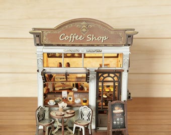 DIY Miniature Coffee Shop Kit with LED | 3D Wooden Puzzle Book Nook