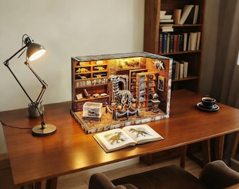 Dinosaurusmuseum boekenhoekset, doe-het-zelf miniatuur plankinzet met led