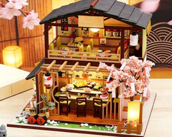Kit maison de poupée restaurant sushi miniature bricolage, décoration Sakura, cadeau artisanal pour adulte