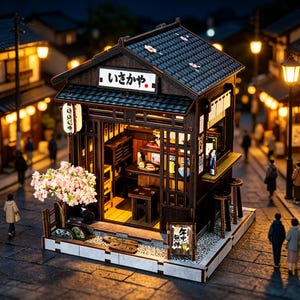 Può includere: Modello in miniatura di un ristorante giapponese dettagliato. La struttura in legno presenta un tetto di tegole, lanterne di carta e un'insegna con testo giapponese. Un albero di ciliegio in fiore e una strada acciottolata completano la scena. Il modello è illuminato con luce calda.