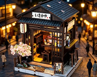 DIY Japanese Izakaya Book Nook Kit – 3D Wooden Puzzle Miniature House with LED Light