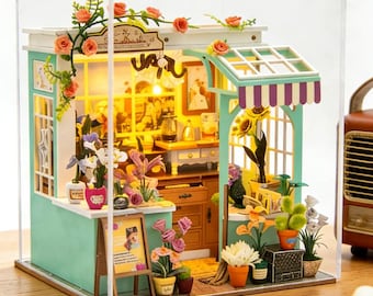 DIY Miniature Flower Shop Kit, 3D Wooden Puzzle, Light-Up Dollhouse