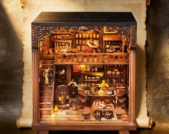 Medieval Pub Book Nook Kit | 3D Wooden Puzzle, Light-Up Diorama