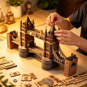 Może przedstawiać: Drewniany model Tower Bridge z precyzyjnymi detalami wycinanymi laserowo, obejmujący dwie główne wieże ze szczytami, centralne przęsło wiszące oraz filary o fakturze kamienia, wraz z zestawem płaskich, niezłożonych elementów drewnianych.