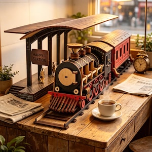 Peut inclure: Un ensemble de train miniature en bois comprenant une locomotive à vapeur et un wagon sur des rails. L'ensemble inclut un quai de gare avec un panneau indiquant HAPPY STATION et deux petites figurines. Le train est peint en noir, rouge et bois.