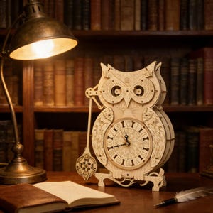 May include: A wooden owl-shaped clock with Roman numerals on the clock face. The clock has a pendulum and is made of light-coloured wood. The clock is on a desk with a lamp and books in the background.