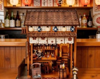 Gör-det-själv japanskt Izakaya miniatyrhusbyggsats, 3D träpussel, upplyst sushibutik
