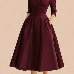 Abito da donna a trapezio con revers, vita plissettata, midi, da ufficio, elegante abito da pendolare