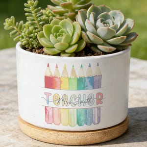 Personalized Rainbow Pencil Planter, Custom Name Teacher Gift, Floral Classroom Desk Decor, Back to School Teacher Flower Pot