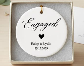 Custom Names & Date Engagement Gift • Personalized Engaged Ornament • Minimalist Heart Ceramic Couple Keepsake • Christmas Tree Decoration