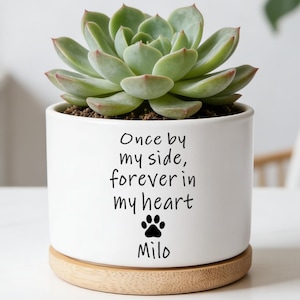 May include: A white ceramic planter with a succulent plant. The planter has the text "Once by my side, forever in my heart" with a paw print and the name "Milo". The planter sits on a round wooden base.