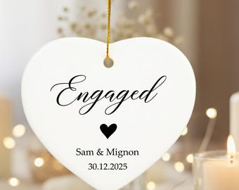 Personalized Engaged Ornament • Custom Names & Date Engagement Gift • Minimalist Heart Ceramic Couple Keepsake • Christmas Tree Decoration