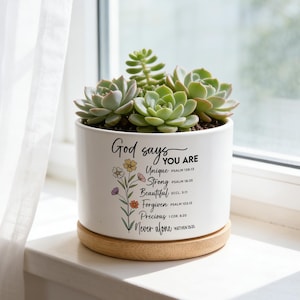 May include: A white ceramic planter with a wooden base, filled with green succulents. The planter has the text "God says YOU ARE" and other inspirational words with floral illustrations. The planter sits on a windowsill.