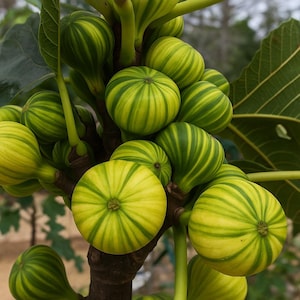 May include: Close-up of a fig tree branch laden with ripe figs. The figs are a mix of yellow and green, with a striped pattern. The leaves are large and green, providing a natural backdrop. The image highlights the fresh produce.