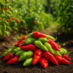 May include: A pile of fresh red and green chili peppers on dark soil. The peppers are in various stages of ripeness, with some vibrant red and others a bright green. The background shows a blurred view of a garden.