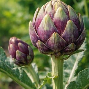 May include: Close-up of two artichokes in a garden setting. The larger artichoke is a vibrant purple and green, with a textured, layered appearance. The smaller artichoke is in the background. Green leaves and stems are visible.
