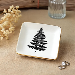 Fern Print Square Trinket Dish, Gold Rim Ceramic Jewelry Tray, Personalized Gift