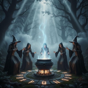 Könnte beinhalten: Eine mystische Szene zeigt fünf Figuren in dunklen Roben und Hexenhüten, die sich um einen Kessel in einem Wald versammeln. Blaue Energie geht vom Kessel aus, mit Runen, die die Szene umgeben. Das Bild ist in einem dunklen, atmosphärischen Wald angesiedelt.