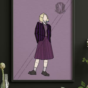 May include: Framed art print with a geometric illustration of a figure in a purple pleated skirt, striped blazer, and black shoes. The background is a solid purple. A letter "N" is in the upper right corner.