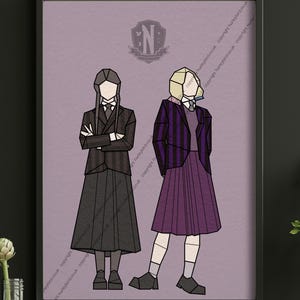 May include: Framed geometric illustration of two figures in school uniforms, one in black and the other in purple. The artwork is set against a lavender background. A crest with the letter "N" is at the top.