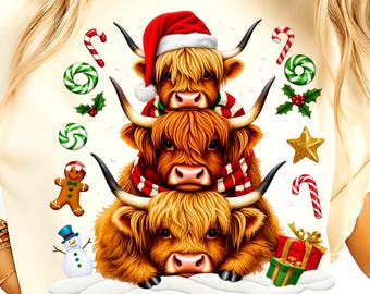 Highland Cow Christmas clipart png, baby dtf, vrolijk helder, ruige sneeuwpop, hoodiestrik