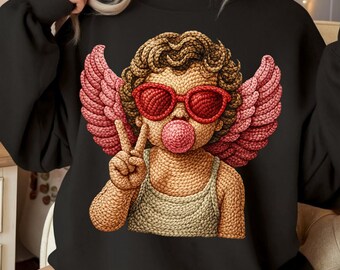 Faux Crochet Angel PNG, Retro Knitted Texture Christmas Clipart, Bubblegum Girly Design