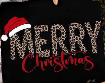 Leopard Print Merry Christmas PNG | Santa Hat Sublimation Design