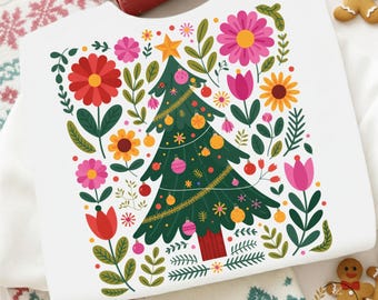 Floral Christmas Tree PNG, Boho Folk Art Holiday Sublimation Design, Whimsical Christmas Flowers Clipart,